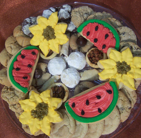 Cookie Tray- Small - Watermelon and sunflower cut out cookies on top of other traditional cookies