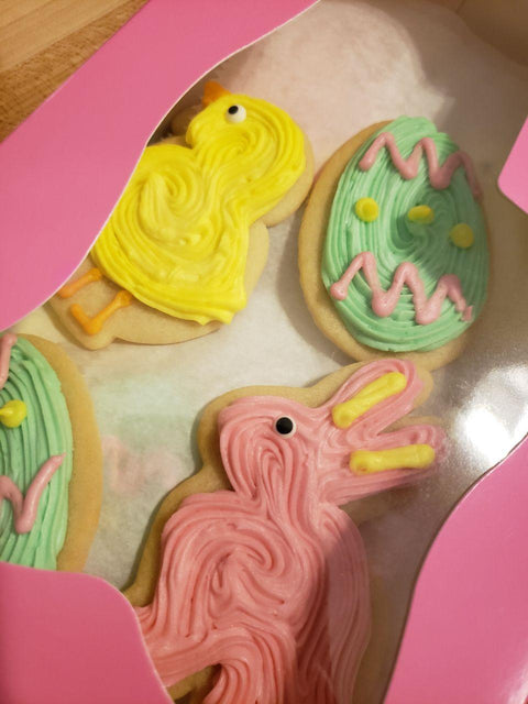 Hand Made Buttercream Iced Cutout Cookies - Easter - Pink Bunnies Yellow Chicks Green Easter Eggs