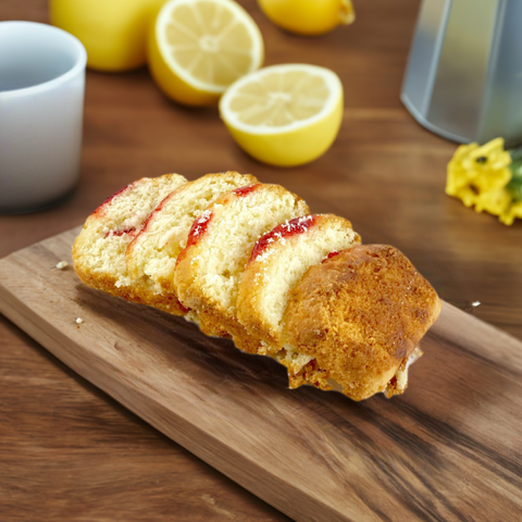 Slice of lemon cake drizzled with raspberry sauce on a wooden board, beside lemons and an Italian coffee maker